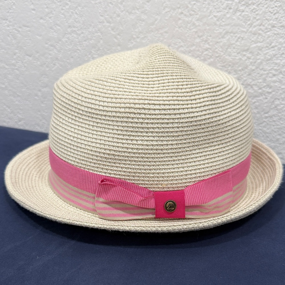 Cream Kids Hat with Pink Ribbon